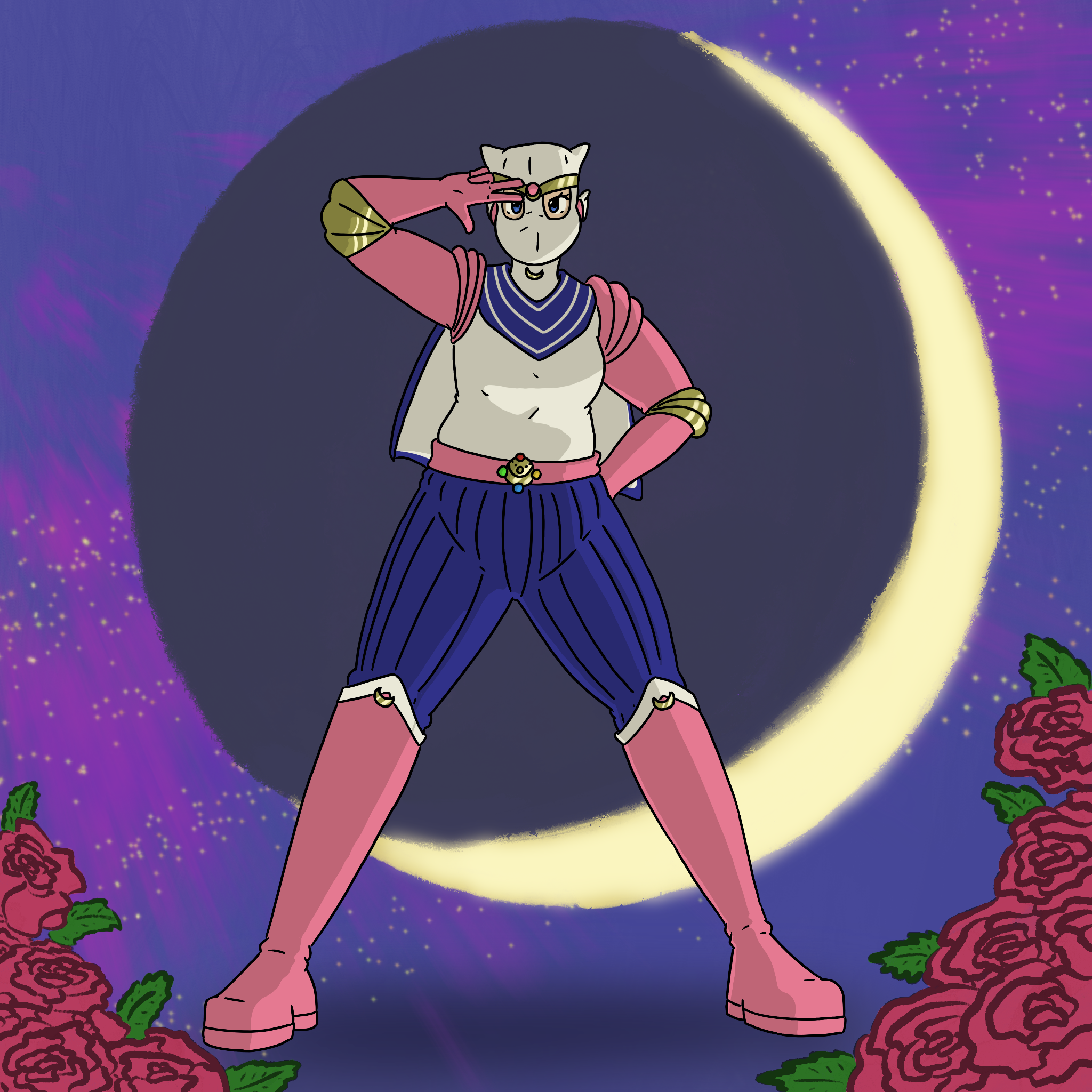Usagi in costume as Citizen Moon, posing in front of a crescent moon