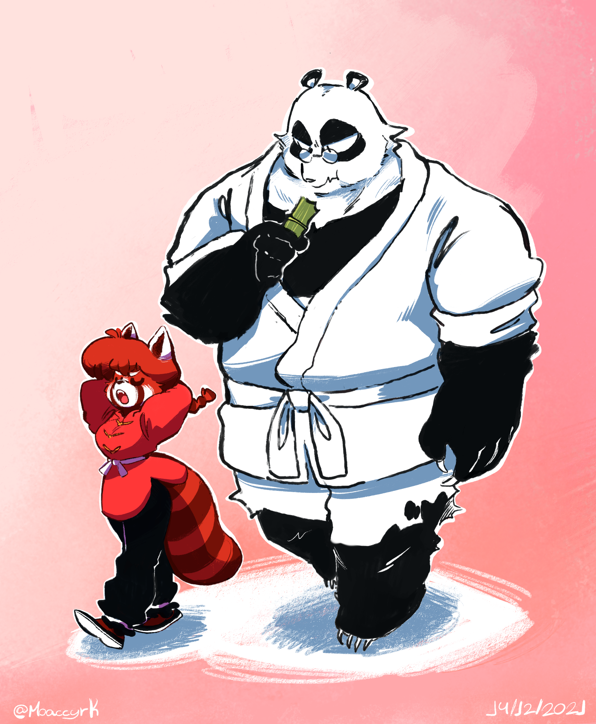 an illustration of Saotome Ranma and Saotome Genma as anthropomorphic pandas. Ranma appears to be a petite red panda girl, while her father Genma is a very tall and broad giant panda man.